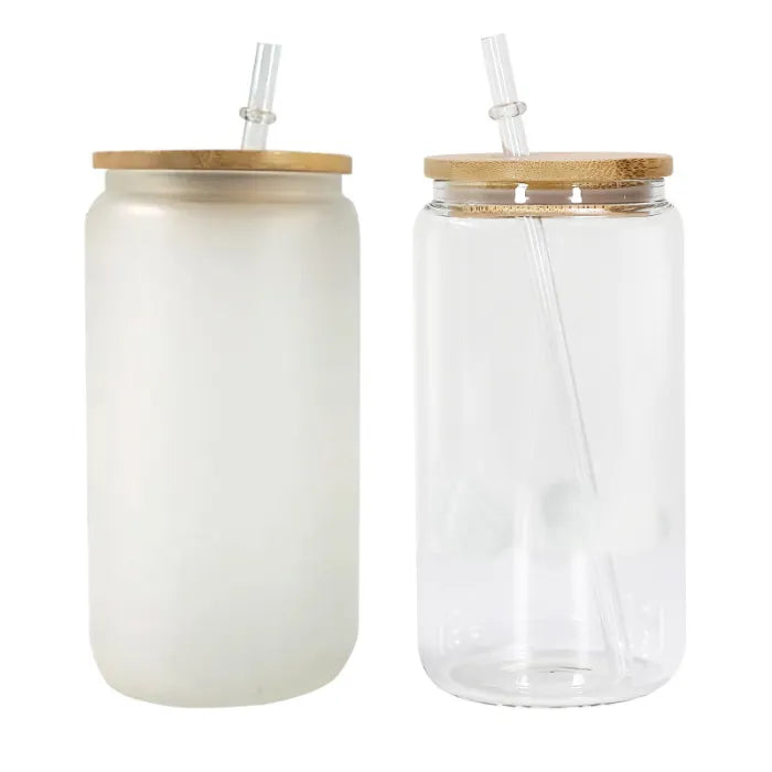 16oz Glass Single Wall Cups with Bamboo Lids & Glass Straws